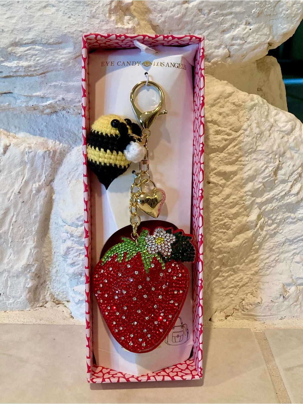 NWT Eye Candy Los Angeles crochet bumblebee strawberry bag charm